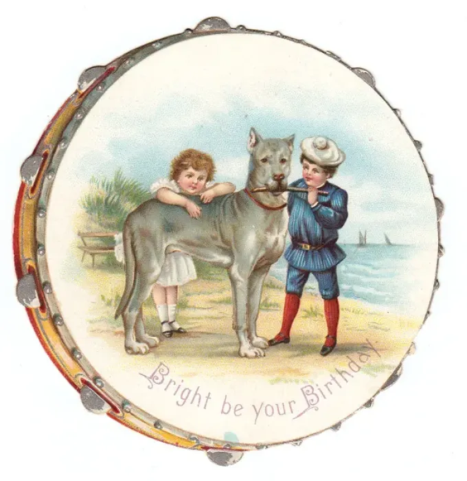 Framed Print : Children and dog on a tambourine-shaped birthday card Framed Print : Children and dog on a tambourine-shaped birthday card