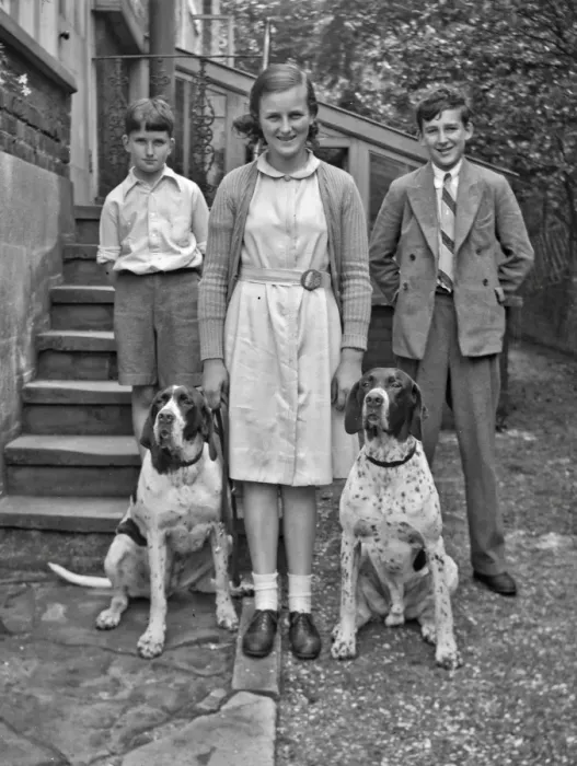 Framed Print : Three children and two dogs in a garden Framed Print : Three children and two dogs in a garden