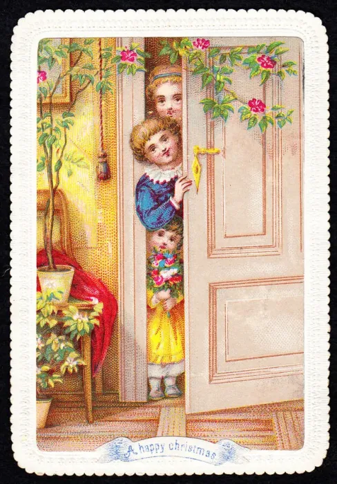 Framed Print : Three children behind a door on a Christmas card Framed Print : Three children behind a door on a Christmas card
