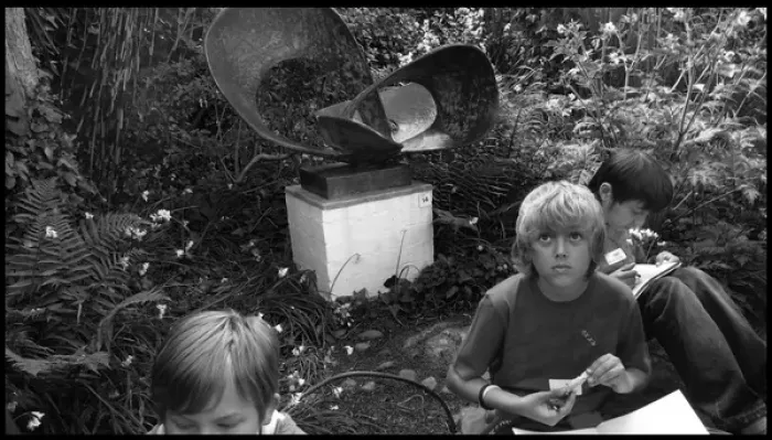 Framed Print : Children drawing in Barbara Hepworths garden, St Ives, Corn Framed Print : Children drawing in Barbara Hepworths garden, St Ives, Corn