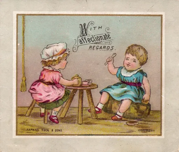 Framed Print : Two children drinking tea on a greetings card Framed Print : Two children drinking tea on a greetings card