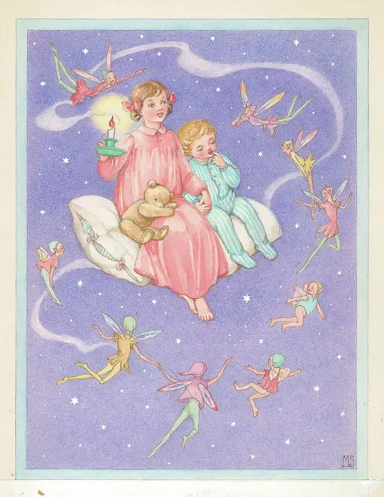 Framed Print : Children and fairies in the sky Children's Postcard Framed Print : Children and fairies in the sky Children's Postcard