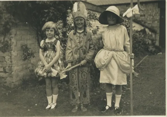 Framed Print : Three children in fancy dress, one as Little Bo-Peep, another as a Native American Framed Print : Three children in fancy dress, one as Little Bo-Peep, another as a Native American