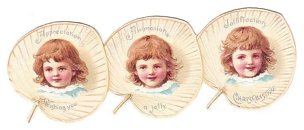 Three children on fans on a cutout Christmas card
