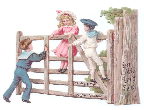 Children on a fence on a cutout New Year card