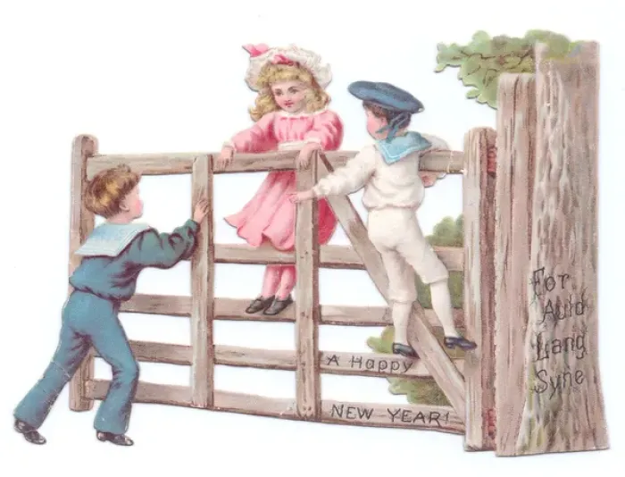 Framed Print : Children on a fence on a cutout New Year card Framed Print : Children on a fence on a cutout New Year card