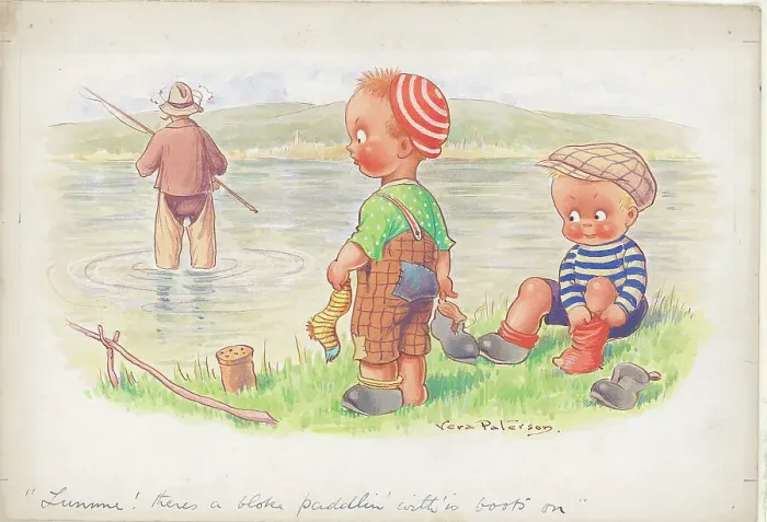 Framed Print : Children fishing - humorous card Framed Print : Children fishing - humorous card
