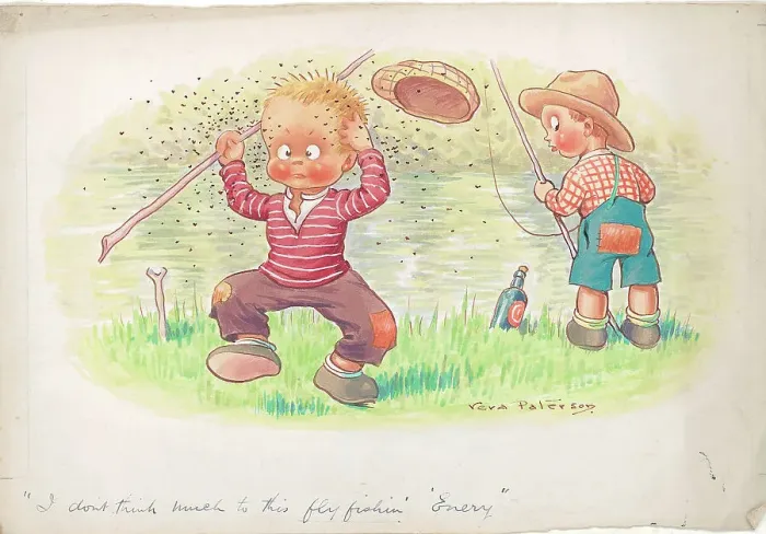 Framed Print : Children fishing - humorous card Framed Print : Children fishing - humorous card