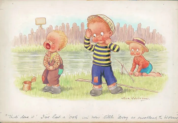 Framed Print : Children fishing humorous card Children's Postcard Framed Print : Children fishing humorous card Children's Postcard