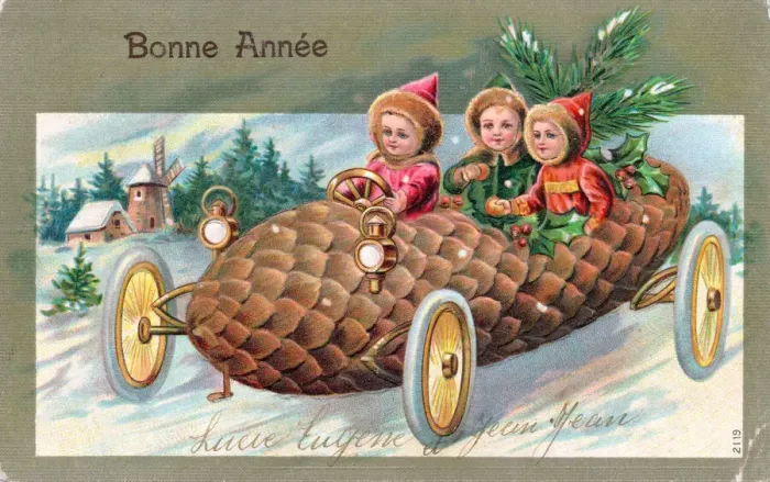 Framed Print : Three children on a French New Year postcard Framed Print : Three children on a French New Year postcard