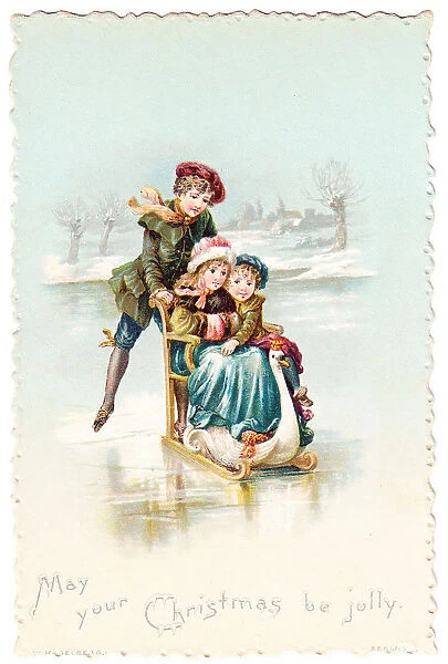Children on a frozen pond on a Christmas card