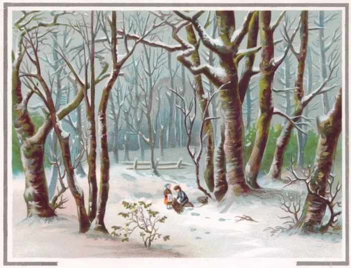 Framed Print : Two children gathering firewood on a Christmas card Framed Print : Two children gathering firewood on a Christmas card