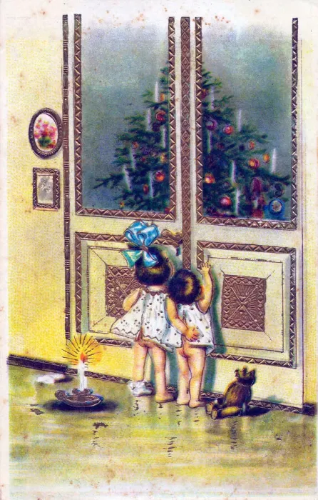 Framed Print : Two children gazing at a tree on a Christmas postcard Framed Print : Two children gazing at a tree on a Christmas postcard
