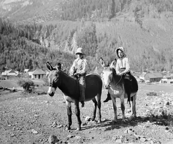 Framed Print : Children going to school on donkeys in America Framed Print : Children going to school on donkeys in America