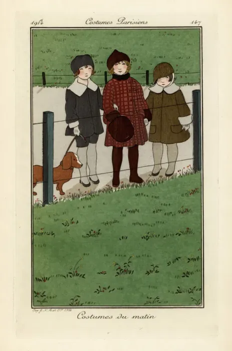 Framed Print : Children in hats and coats with a dog Framed Print : Children in hats and coats with a dog