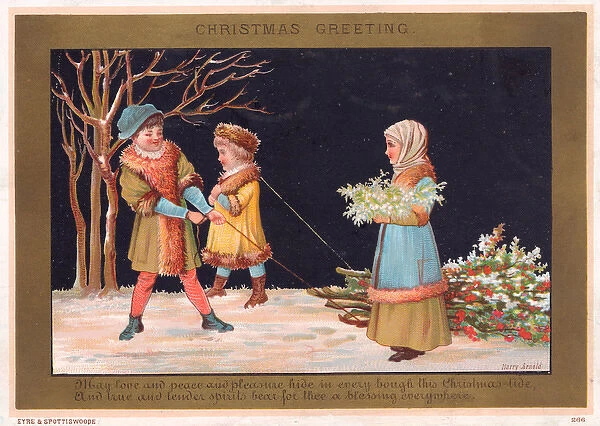 Three children in historical costume on a Christmas card