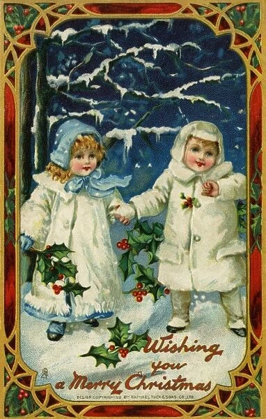 Children hold hands in the snow