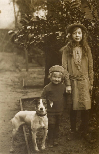 Two children with Jack Russell terrier in a garden