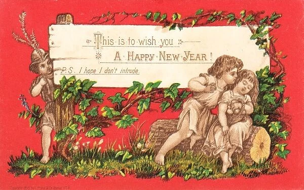 Children kissing on a New Year card