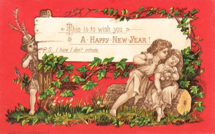 Framed Print : Children kissing on a New Year card Framed Print : Children kissing on a New Year card