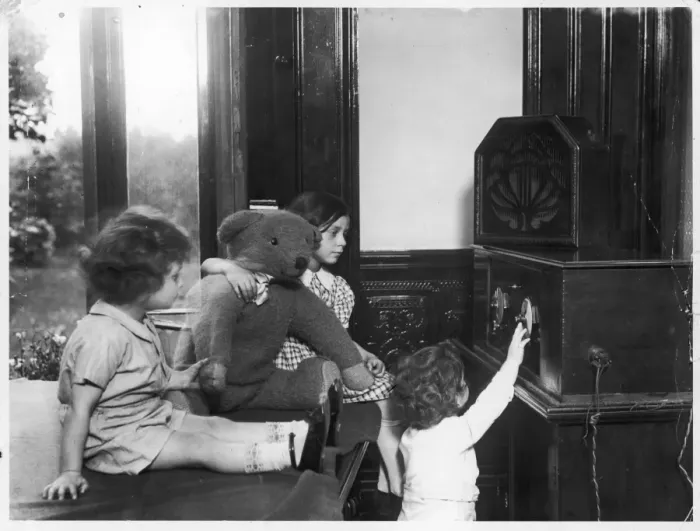 Framed Print : Children Listen to Radio Framed Print : Children Listen to Radio