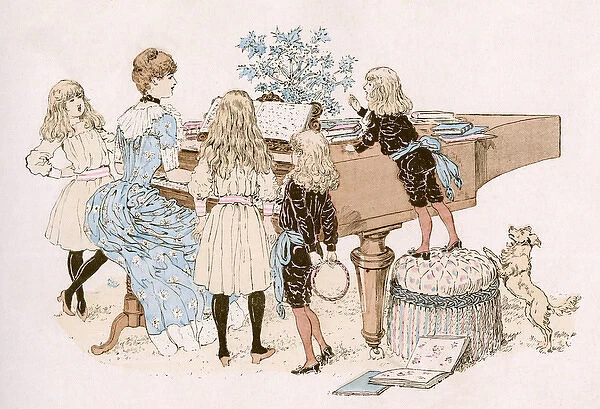 Children listening to mother play piano