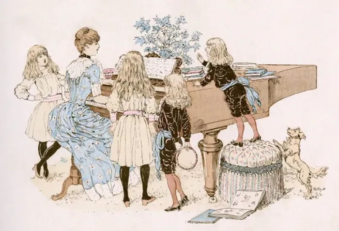 Framed Print : Children listening to mother play piano Framed Print : Children listening to mother play piano
