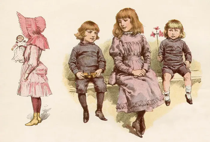 Framed Print : Children of London's West End. Boys: knitted jersey suits with knickerbockers. Girls: pink polonaise & sunbonnet; lilac dress with yoke, sash, gathered bodice & gigot sleeves Date: 1884 Framed Print : Children of London's West End. Boys: knitted jersey suits with knickerbockers. Girls: pink polonaise & sunbonnet; lilac dress with yoke, sash, gathered bodice & gigot sleeves Date: 1884