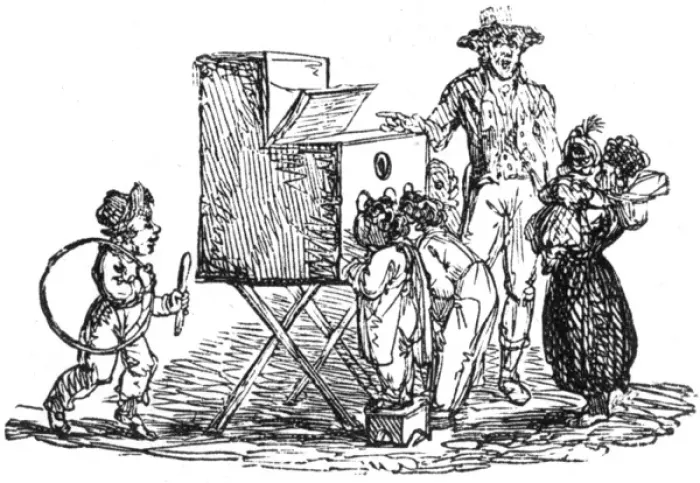 Framed Print : Children looking into a peep box device Framed Print : Children looking into a peep box device