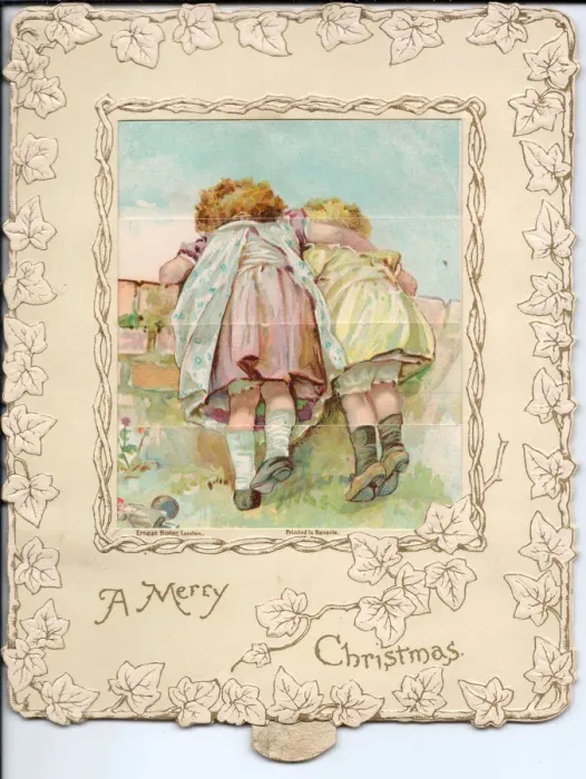 Framed Print : Two children looking over a wall on a Christmas card Framed Print : Two children looking over a wall on a Christmas card