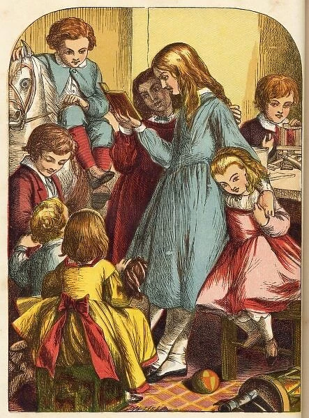 Children / Mixed 1867. A group of Victorian children listen to older girls reading a story