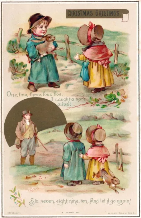 Framed Print : Children with nursery rhyme scenes on a Christmas card Framed Print : Children with nursery rhyme scenes on a Christmas card