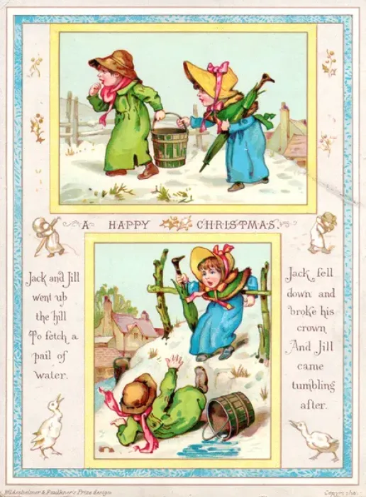 Framed Print : Children with nursery rhyme scenes on a Christmas card Framed Print : Children with nursery rhyme scenes on a Christmas card