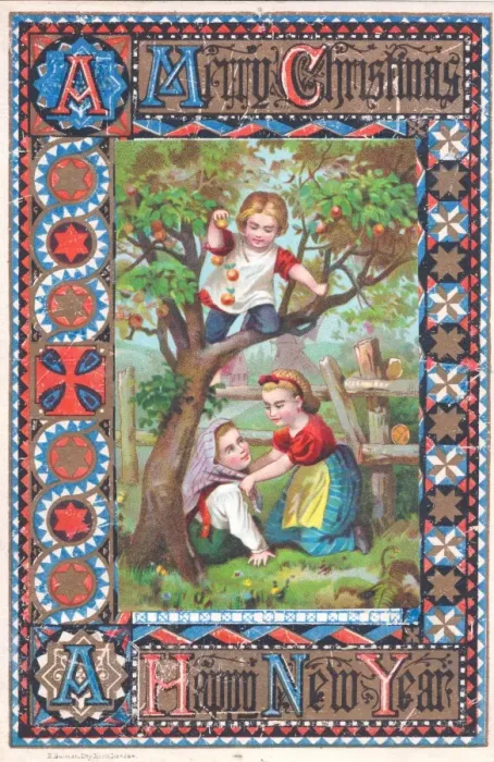 Framed Print : Three children in an orchard on a Christmas card Framed Print : Three children in an orchard on a Christmas card
