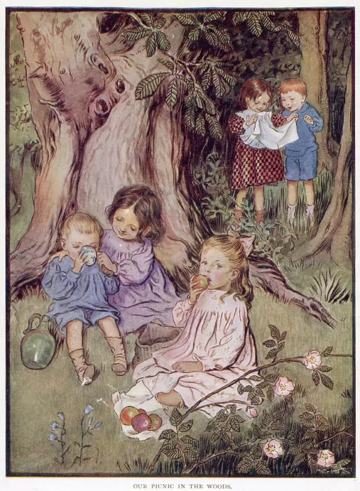 Framed Print : Five children picnic in a wood Date: 1910 Framed Print : Five children picnic in a wood Date: 1910