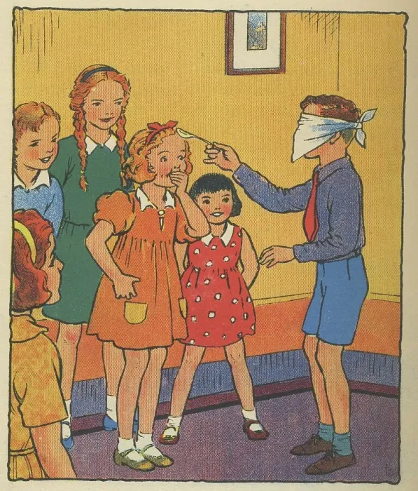 Framed Print : Children play a game of spoon buff, where the Blind Man walks around blindfolded and with a spoon. They must try to work out who the people are by only touching with a spoon. Date: c.1930 Framed Print : Children play a game of spoon buff, where the Blind Man walks around blindfolded and with a spoon. They must try to work out who the people are by only touching with a spoon. Date: c.1930