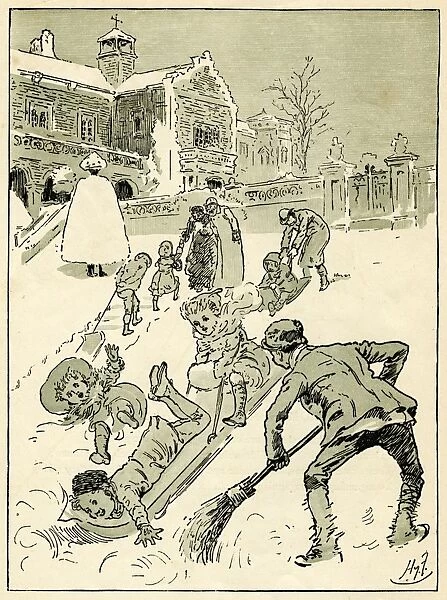 Children play on their sledges