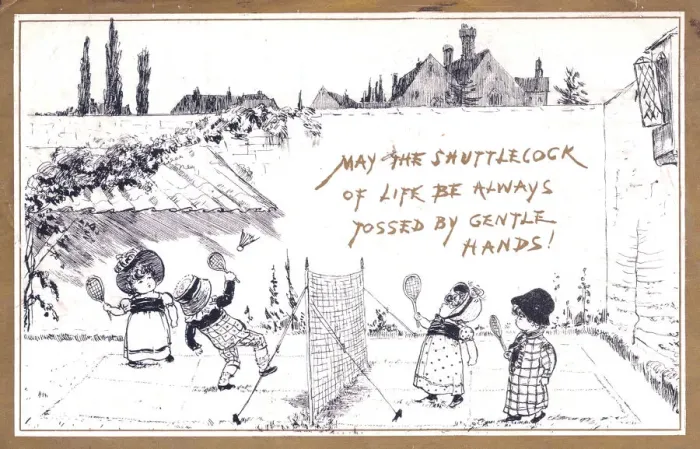 Framed Print : Children playing badminton on a greetings card Framed Print : Children playing badminton on a greetings card