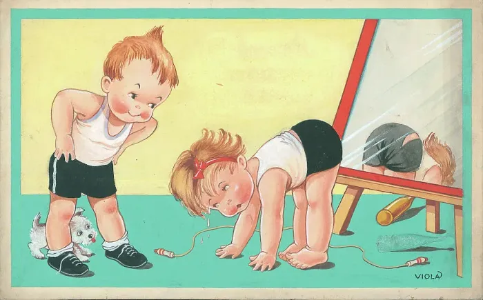 Framed Print : Children playing - domestic settings - humorous card Framed Print : Children playing - domestic settings - humorous card
