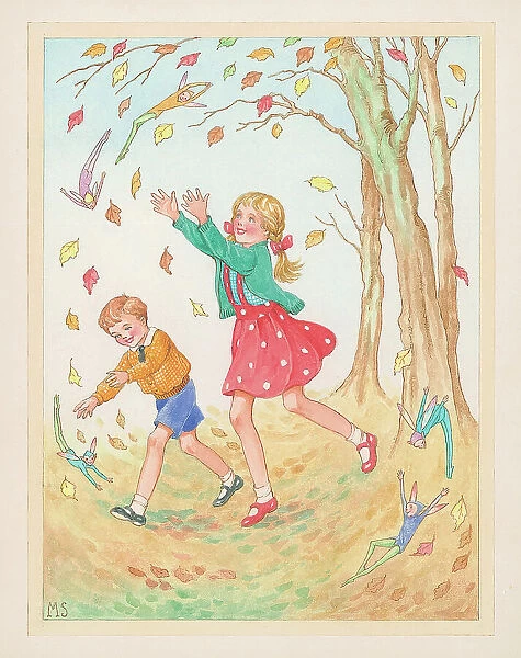 Children playing with fairies in autumn leaves