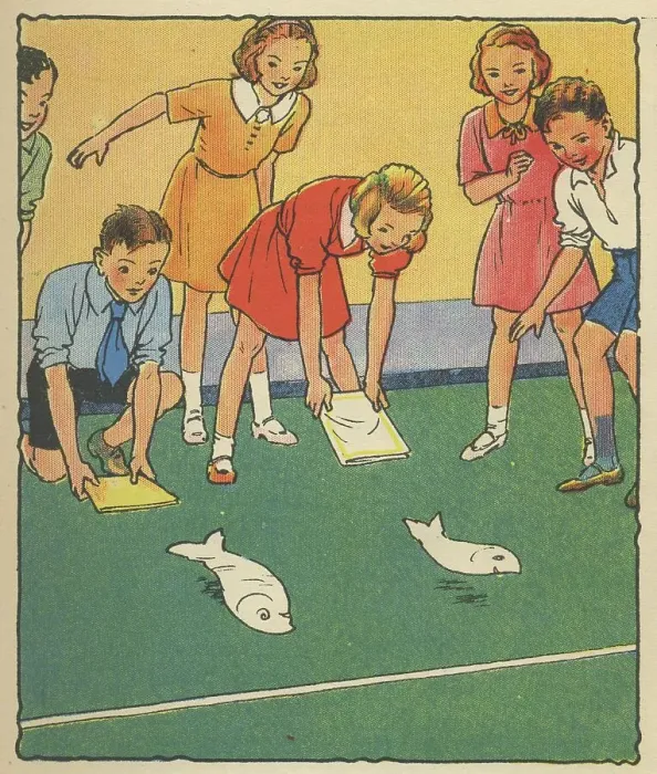 Framed Print : Children playing a game of Flap the Kipper. Cut two fish shapes out of thin paper and lay them parallel Framed Print : Children playing a game of Flap the Kipper. Cut two fish shapes out of thin paper and lay them parallel