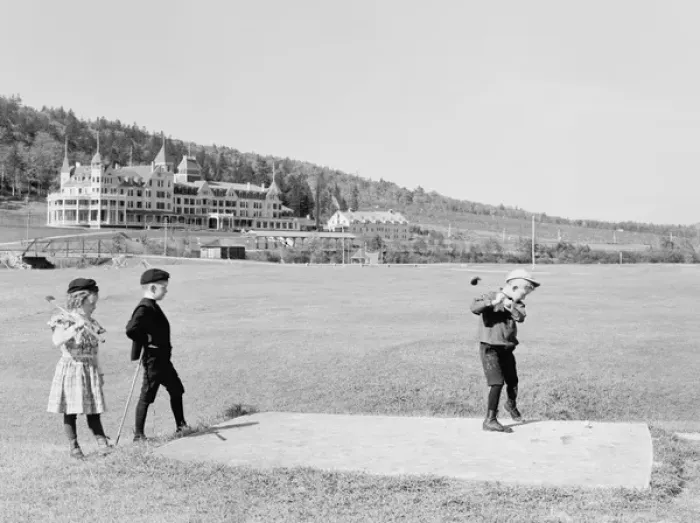 Framed Print : Children playing golf driving from the 9th tee, Mount Pleasa Framed Print : Children playing golf driving from the 9th tee, Mount Pleasa