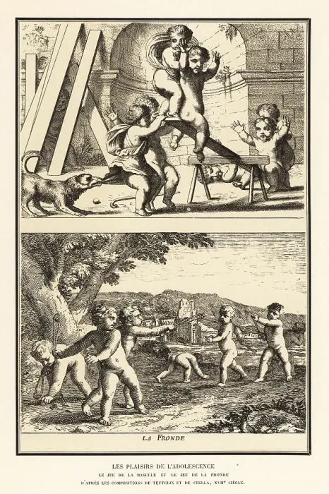 Framed Print : Children playing on a seesaw and with slings, 17th century Framed Print : Children playing on a seesaw and with slings, 17th century