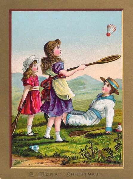 Three children playing shuttlecock on a Christmas card