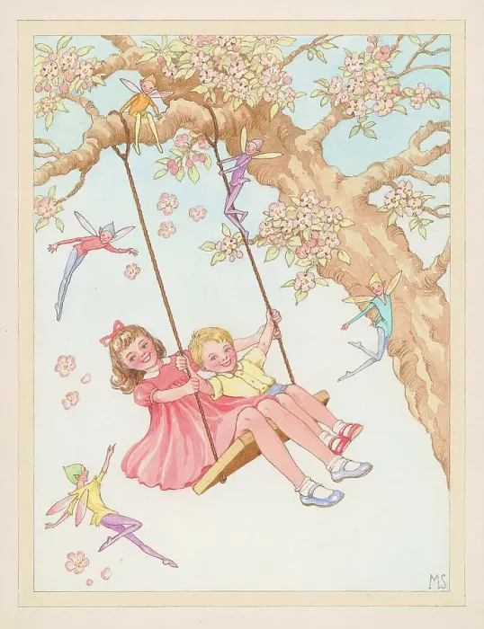 Framed Print : Children playing on swing with fairies