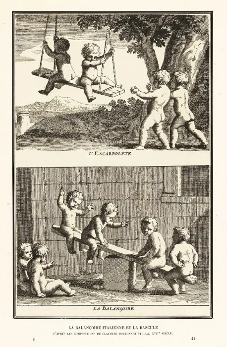 Framed Print : Children playing on a swing and seesaw, 17th century Framed Print : Children playing on a swing and seesaw, 17th century