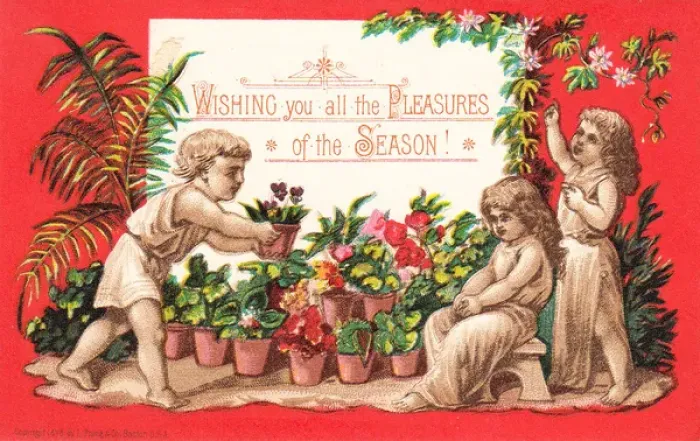 Framed Print : Children with potted plants on a Christmas card Framed Print : Children with potted plants on a Christmas card