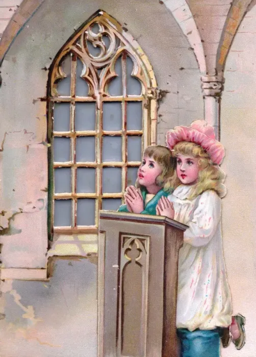 Framed Print : Two children praying in church on a Christmas card Framed Print : Two children praying in church on a Christmas card