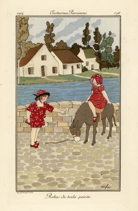 Framed Print : Two children in printed toile summer outfits with a donkey Framed Print : Two children in printed toile summer outfits with a donkey