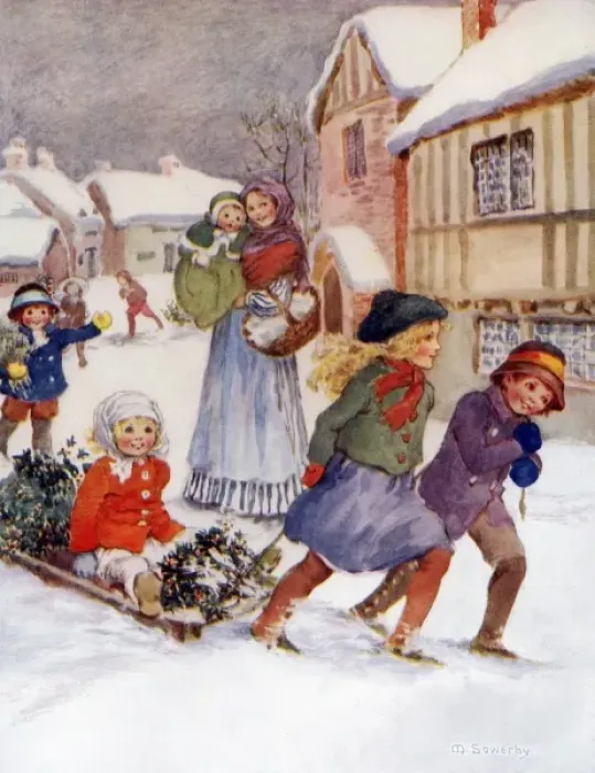 Framed Print : Children pulling a sleigh Framed Print : Children pulling a sleigh